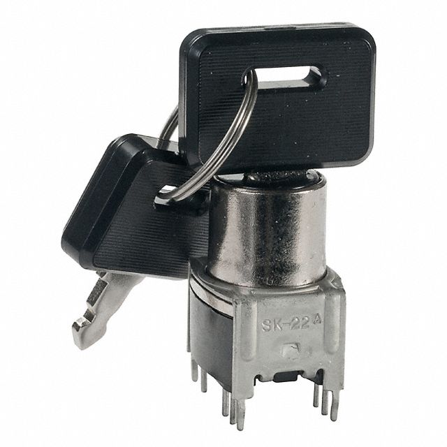 Process Sealed Keylock; Poles: DPDT; no positions: 2; Circuits: On-On; contact timing: Non-Shorting (BBM); Current Rating: 0.4VA (AC/DC); Rating (AC): 28V; Rating (DC): 28V; Actuator Type: Flat Key; key removable positions: All; angle throw: 90?; contact material: Beryllium Copper; contact finish: Gold; Mounting Type: Through Hole; Termination Style: PC Pin; Features: Process Sealed; Rating: 0.4