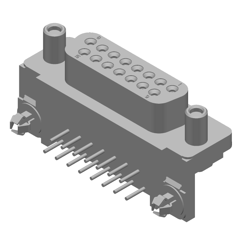 15 Pos Female D-Sub RA Connector, Gold/Tin Plated, Steel Shell