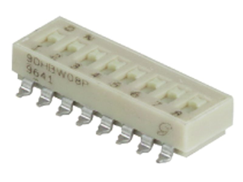 Switch DIP ON OFF SPST 2 Recessed Slide 0.1A 30VDC Gull Wing 2000Cycles 2.54mm SMD T/R