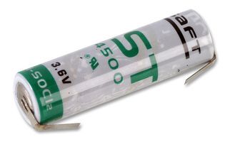 SAFT   LST14500CNR   Battery, Single Cell, Lithium Thionyl Chloride, 2450 mAh, 3.6 V, AA, Solder Tab, 14.2 mm