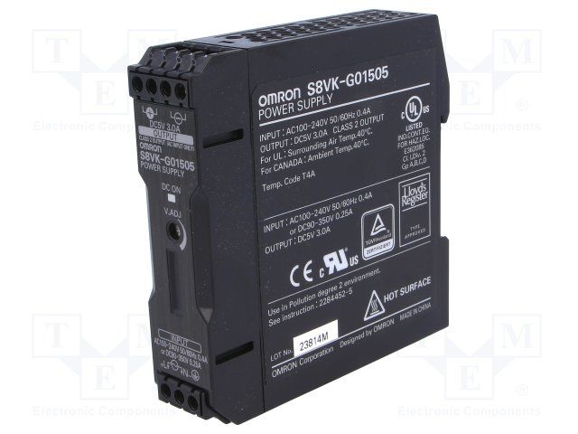 5V 15W AC/DC Enclosed Power Supply, DIN Rail Mount