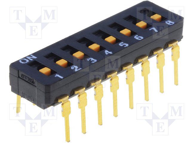 8-Pos SPST Slide DIP Switch, 30VDC, 100mA, Thru-Hole, PC Pins